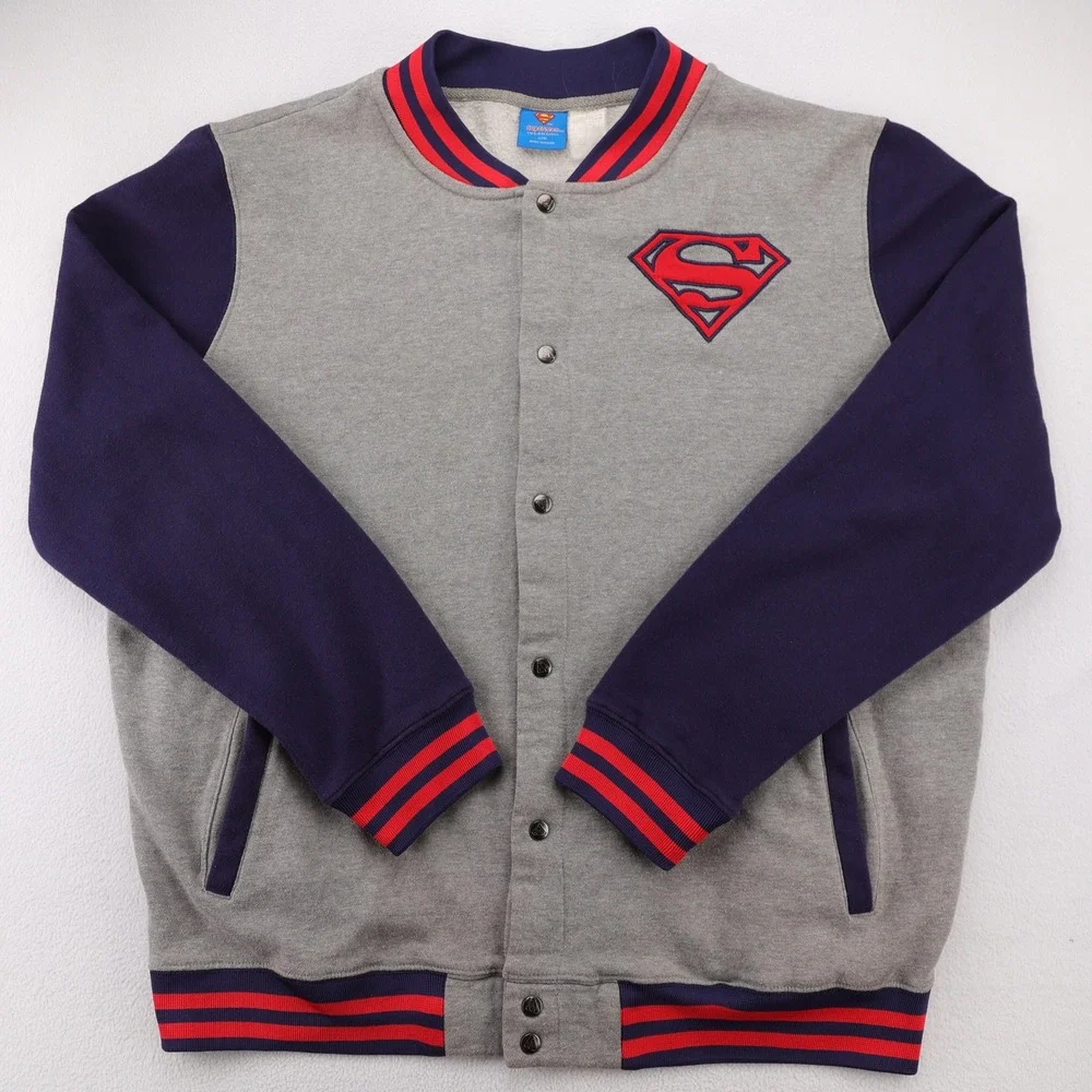 DC Comics Superman Mens‎ Varsity Jacket Gray Navy Blue Snap Front Letterman